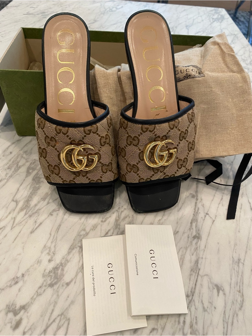 Gucci Brown GG Canvas Slide Mules with Gold Double G